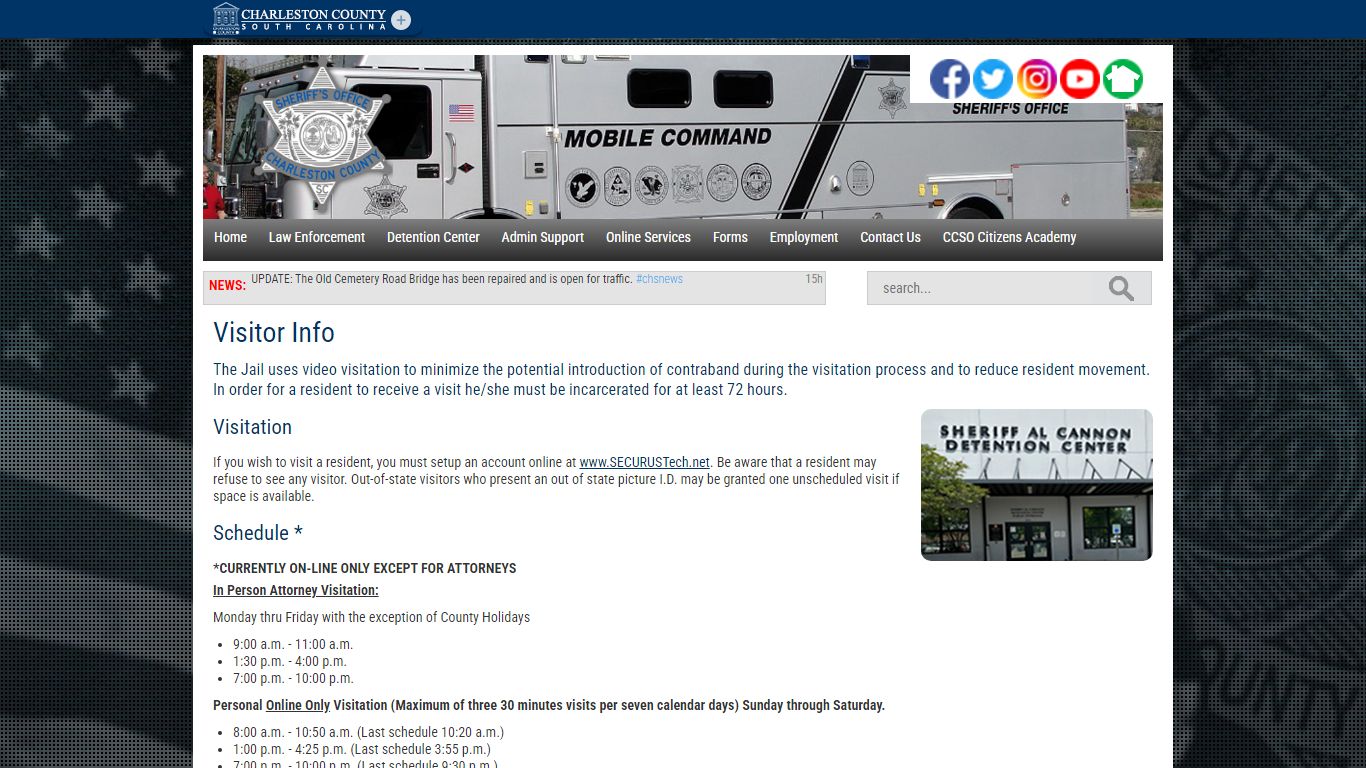 Sheriff Al Cannon Detention Center Visitor Info | Charleston County, SC